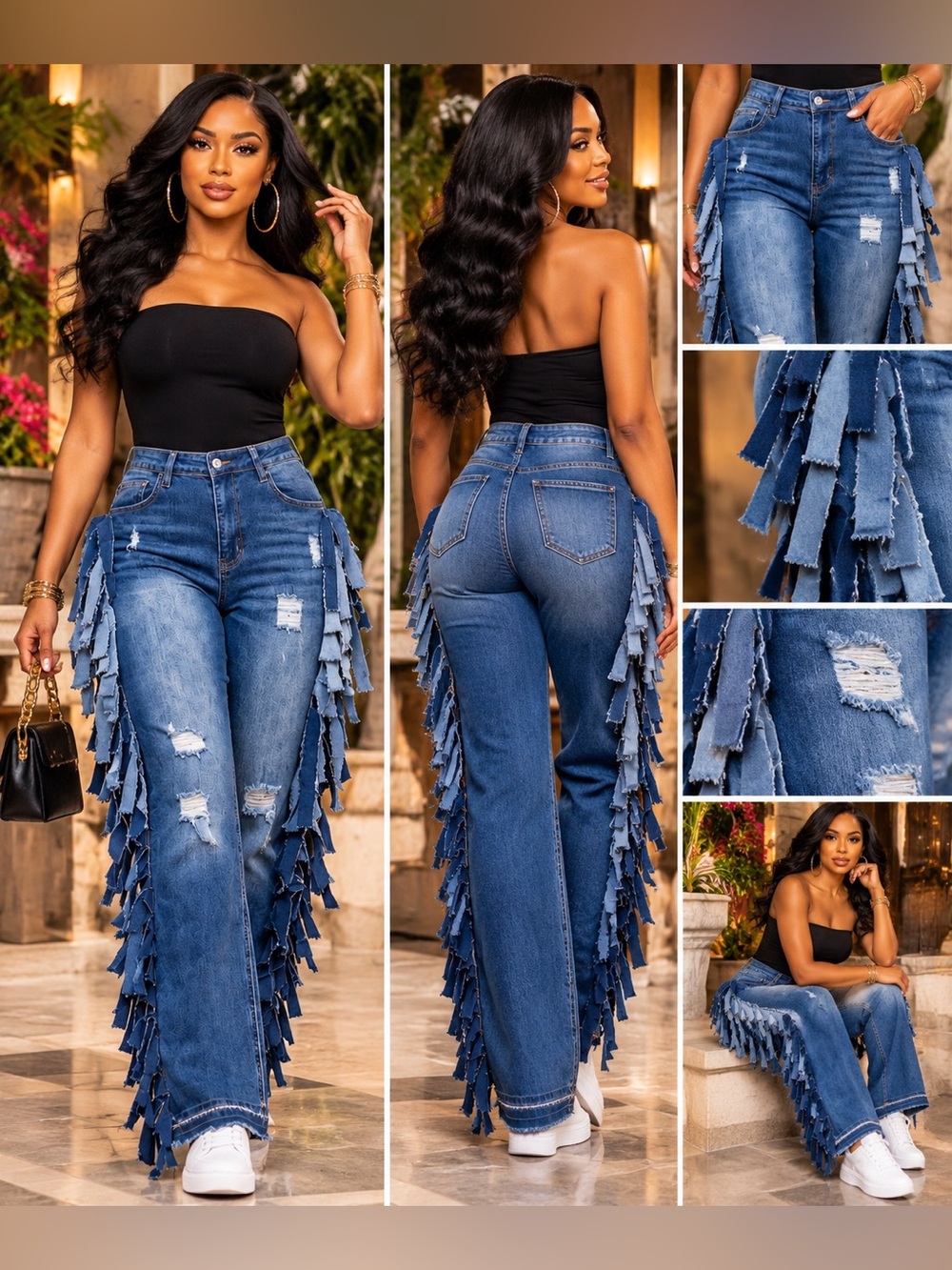 Kay’s Custom Kloset Upcycled Fringed Wide Leg Denim Jeans - Blue